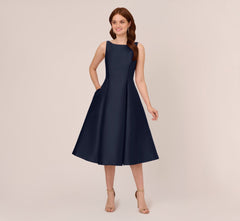 Sleeveless Mikado Fit And Flare Midi Dress With V-Back In Midnight