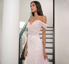 Watercolor Printed Organza Gown In Blush Multi