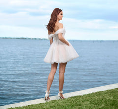 Pearl Studded Tulle Short Skirt With Detachable Off Shoulder Drapes In Ivory French Lilac