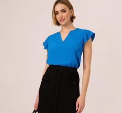 Flutter Sleeve Top With Notched Neck In Egyptian Blue