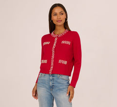Rhinestone Pearly Cardigan Sweater In Haute Red