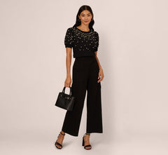 Puff Sleeve Pearly Embellished Sweater In Black