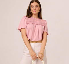 Flutter Sleeve Lace Yoke Trapeze Top In Pink Nectar