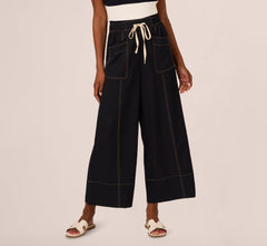 Contrast Stitched Wide Leg Drawstring Pant In Navy Khaki