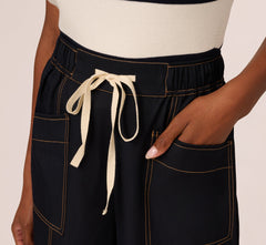 Contrast Stitched Wide Leg Drawstring Pant In Navy Khaki