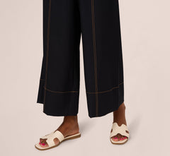 Contrast Stitched Wide Leg Drawstring Pant In Navy Khaki