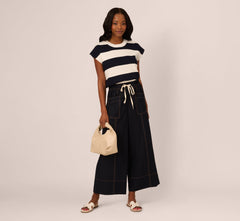 Contrast Stitched Wide Leg Drawstring Pant In Navy Khaki