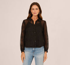 Long Sleeve Sheer Floral Eyelet Lace Blouse In Black