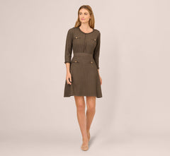 Three Quarter Sleeve Waffle Knit Short Dress In Fatigue