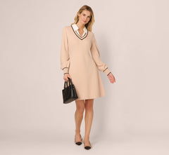 Long Sleeve Collared Twofer Sweater Dress In Champagne Blush Black