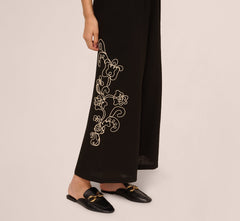 Wide Leg Floral Embroidered Pant In Black Cream