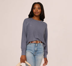 Long Sleeve Laced Raglan Sweater In Dusty Blue