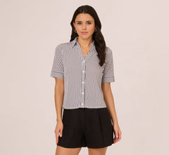 Short Sleeve Button Front Cropped Blouse In Ivory Navy Easy Stripe