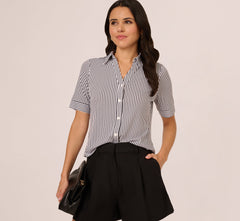 Short Sleeve Button Front Cropped Blouse In Ivory Navy Easy Stripe
