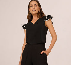 Flutter Sleeve Contrast Tipped Top In Black Ivory