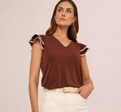 Flutter Sleeve Contrast Tipped Top In Shaved Chocolate Ecru
