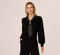 Long Sleeve Satin Neck Tie Sweater In Black W Black Cream Dot