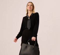 Long Sleeve Satin Neck Tie Sweater In Black W Black Cream Dot