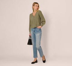 Long Sleeve Scalloped Pointelle Cardigan Sweater In Evergreen Fog