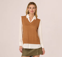 Long Sleeve Sweater Vest Twofer Blouse In Camel Ivory