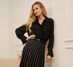 Long Sleeve Sheer Ruffle Front Blouse In Black