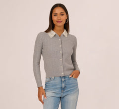Beaded Collar Twofer Cardigan Sweater In Heather Grey