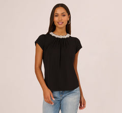 Cap Sleeve Pearly Collar Top In Black