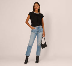 Cap Sleeve Pearly Collar Top In Black