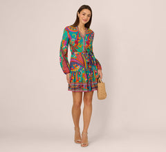 Long Sleeve Retro Printed A Line Dress In Teal Multi