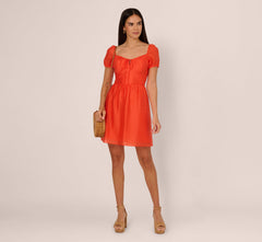 Shirred Fit And Flare Dress With Puff Short Sleeves In Orange Spice