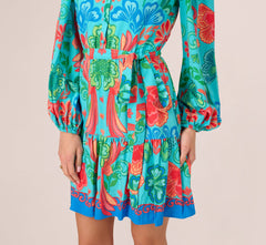 Long Sleeve Printed Flounce Dress In Blue Multi