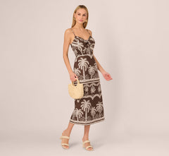 Sleeveless Bow Front Palm Tree Sundress In Brown Ivory