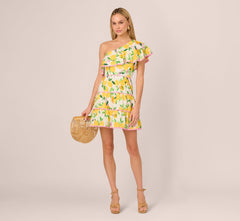 One Shoulder Ruffle Lemon Print Mini Dress In White Multi