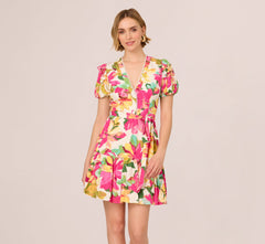 Puff Sleeve Flounce Mini Dress In White Multi