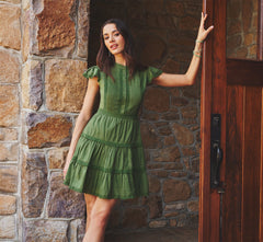 Flutter Sleeve Lace Short Cotton Dress In Olive Green