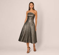 Strapless Drop Waist Metallic Midi Dress In Gunmetal