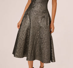 Strapless Drop Waist Metallic Midi Dress In Gunmetal