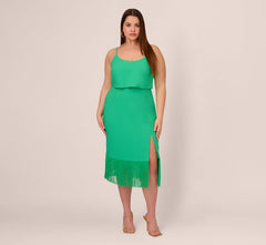 Plus Size Stretch Crepe Popover Midi Dress With Fringe Hem In Summer Green