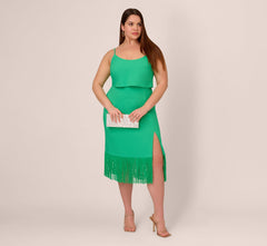 Plus Size Stretch Crepe Popover Midi Dress With Fringe Hem In Summer Green