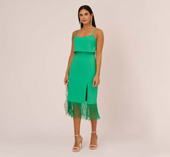 Stretch Crepe Popover Midi Dress With Fringe Hem In Summer Green