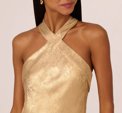 Foiled Mermaid Gown With Halter Neckline In Light Gold