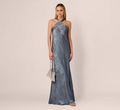 Foiled Mermaid Gown With Halter Neckline In French Blue