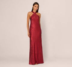 Foiled Mermaid Gown With Halter Neckline In Wine