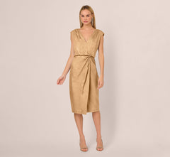 Foil Blouson Midi Dress With Faux Wrap Skirt In Light Gold