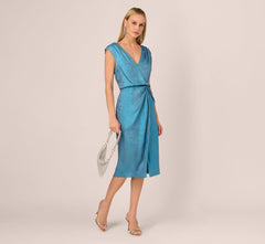Foil Blouson Midi Dress With Faux Wrap Skirt In Ocean Dream