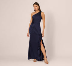 One Shoulder Satin Floral Applique Gown In Dark Navy
