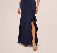 One Shoulder Satin Floral Applique Gown In Dark Navy