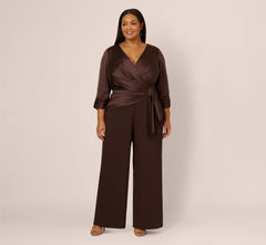 Plus Size Satin Crepe Three Quarter Sleeve Jumpsuit With Buckle Waist In Dark Brown