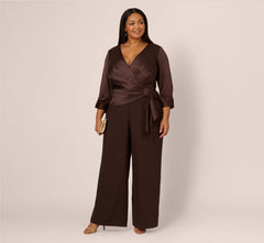 Plus Size Satin Crepe Three Quarter Sleeve Jumpsuit With Buckle Waist In Dark Brown