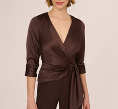 Satin Crepe Three Quarter Sleeve Jumpsuit With Buckle Waist In Dark Brown